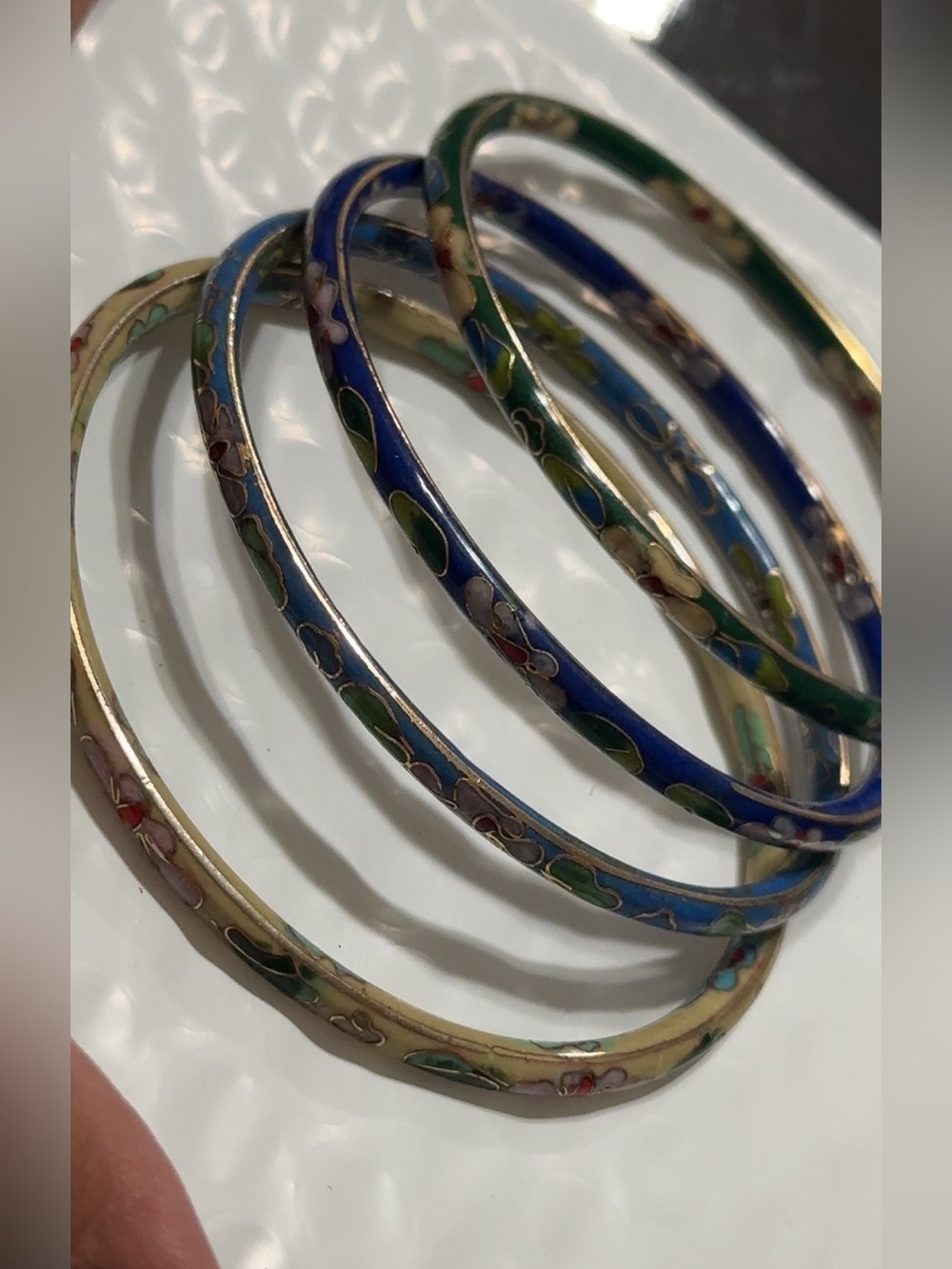 Enamel Floral Cloisonné Bangle Bracelets - Set of 4 (Blue, Green, Ivory)